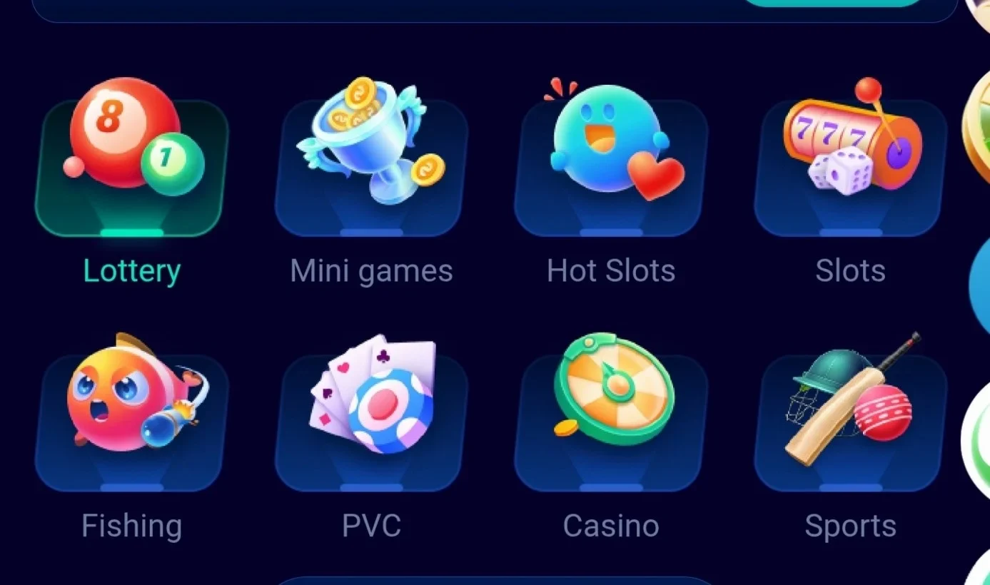 Jalwa Game app categories β Lottery, Mini games, Hot Slots, Slots, Fishing, PVC, Casino and Sports