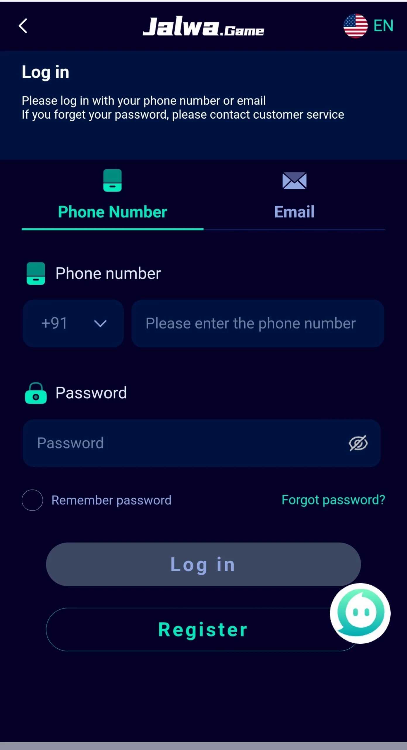 Jalwa Game login screen with phone number and email tabs, +91 code, password field and forgot password option