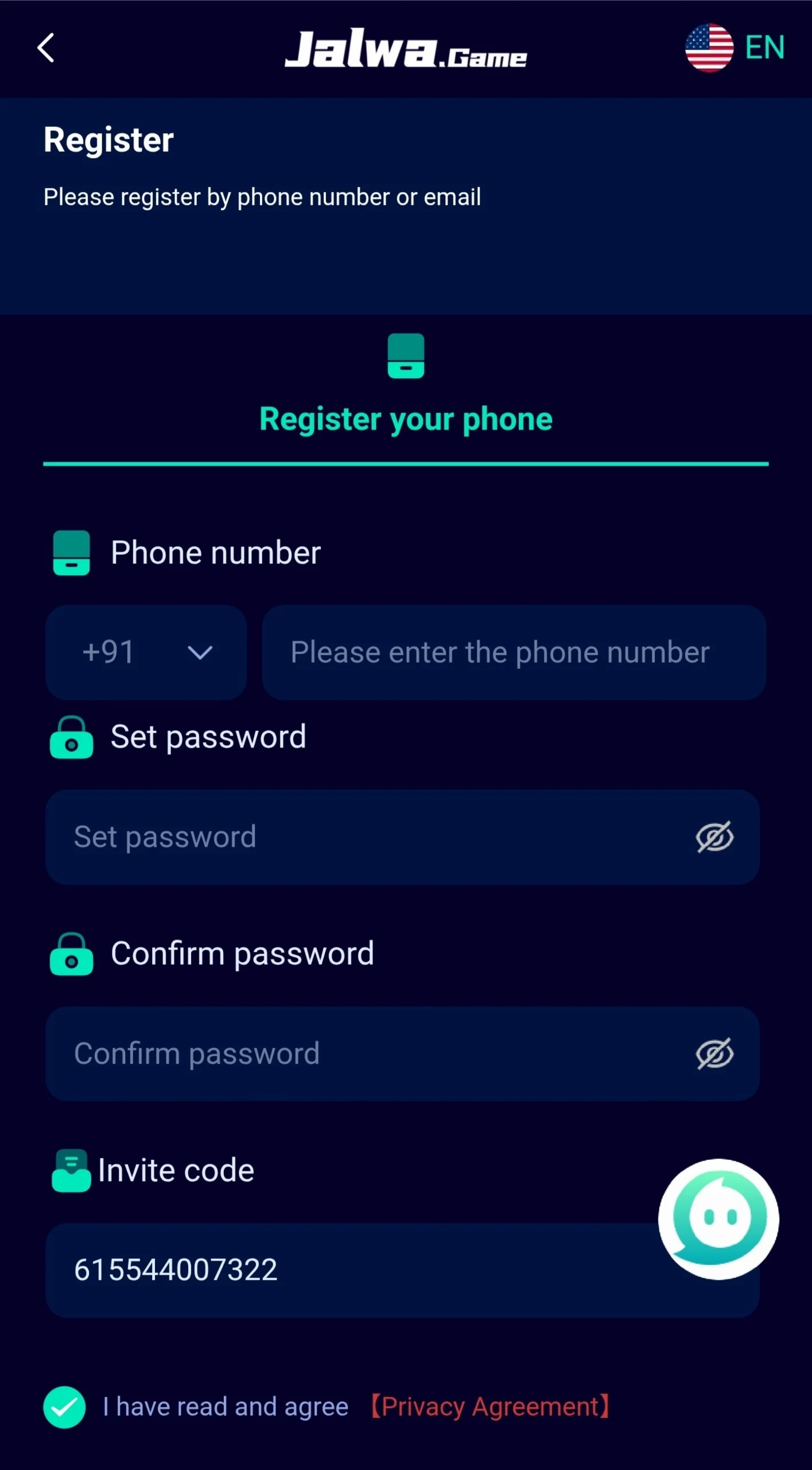Jalwa Game register screen with phone number, set password, confirm password and invite code fields for new signup
